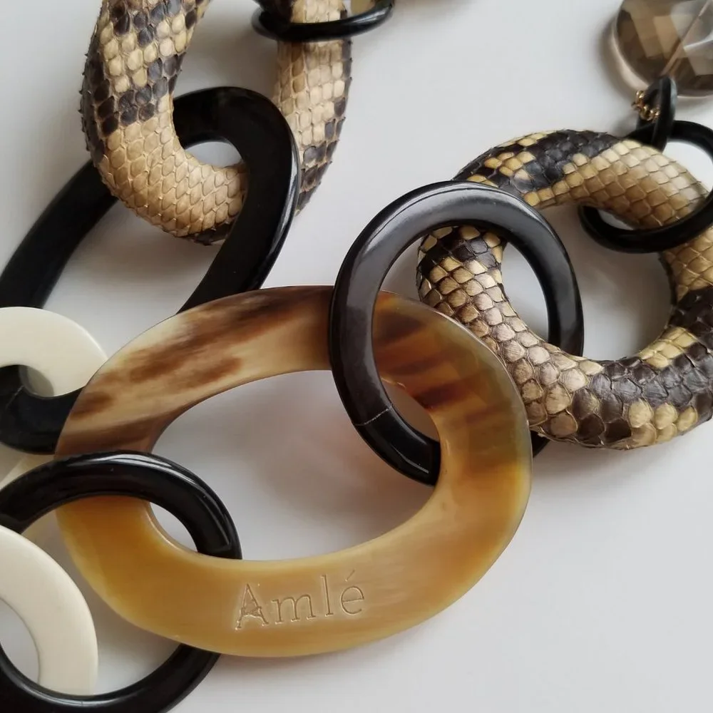 AMLE Italian Python Snakeskin Long Chain Horn Necklace - Picture 11 of 16